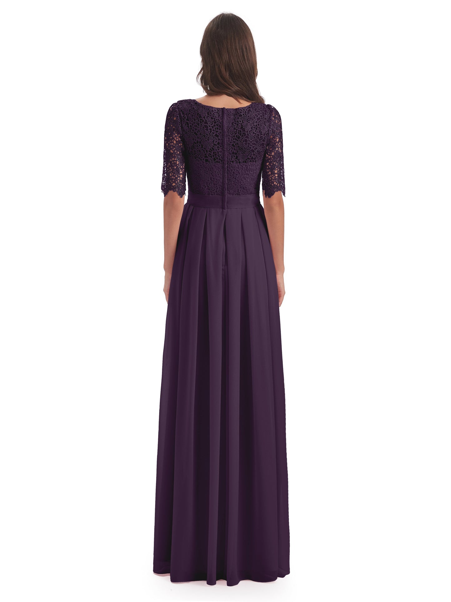 Brielle Illussion Neckline and Back Half Sleeves Scoop Lace Bridesmaid Dresses