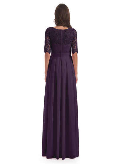 Brielle Illussion Neckline and Back Half Sleeves Scoop Lace Bridesmaid Dresses
