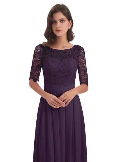 Brielle Illussion Neckline and Back Half Sleeves Scoop Lace Bridesmaid Dresses