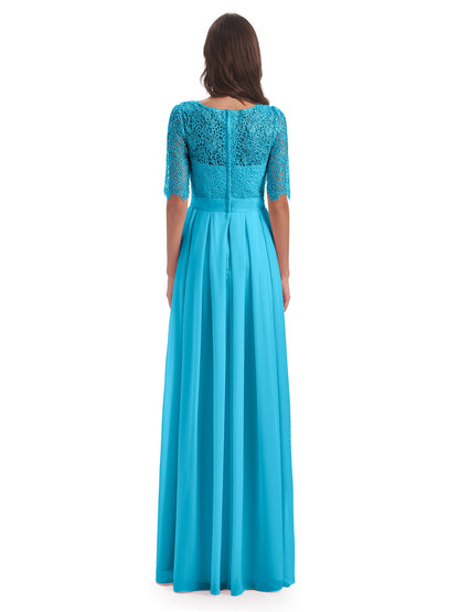 Brielle Illussion Neckline and Back Half Sleeves Scoop Lace Bridesmaid Dresses