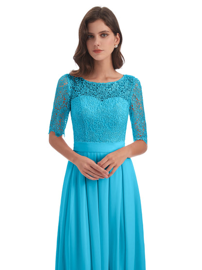 Brielle Illussion Neckline and Back Half Sleeves Scoop Lace Bridesmaid Dresses