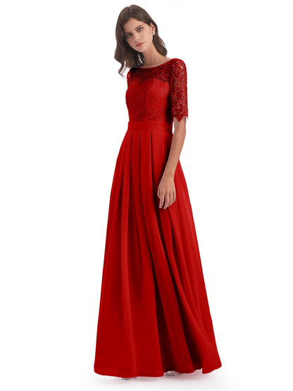 Brielle Illussion Neckline and Back Half Sleeves Scoop Lace Bridesmaid Dresses