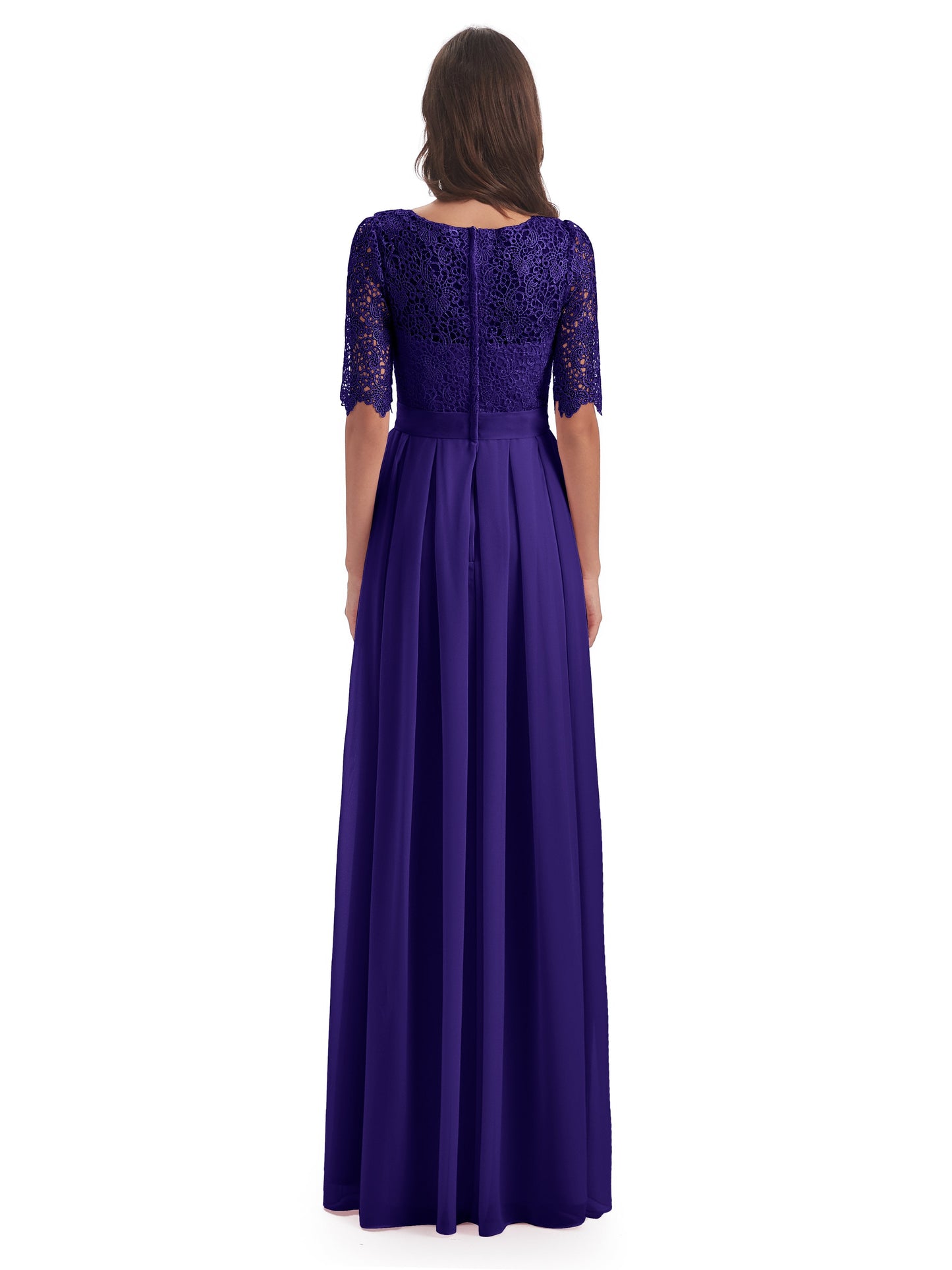 Brielle Illussion Neckline and Back Half Sleeves Scoop Lace Bridesmaid Dresses