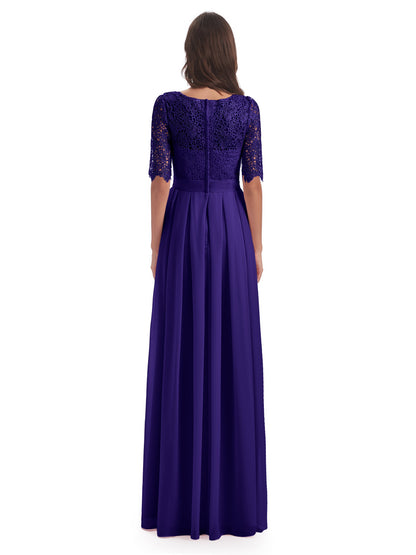 Brielle Illussion Neckline and Back Half Sleeves Scoop Lace Bridesmaid Dresses