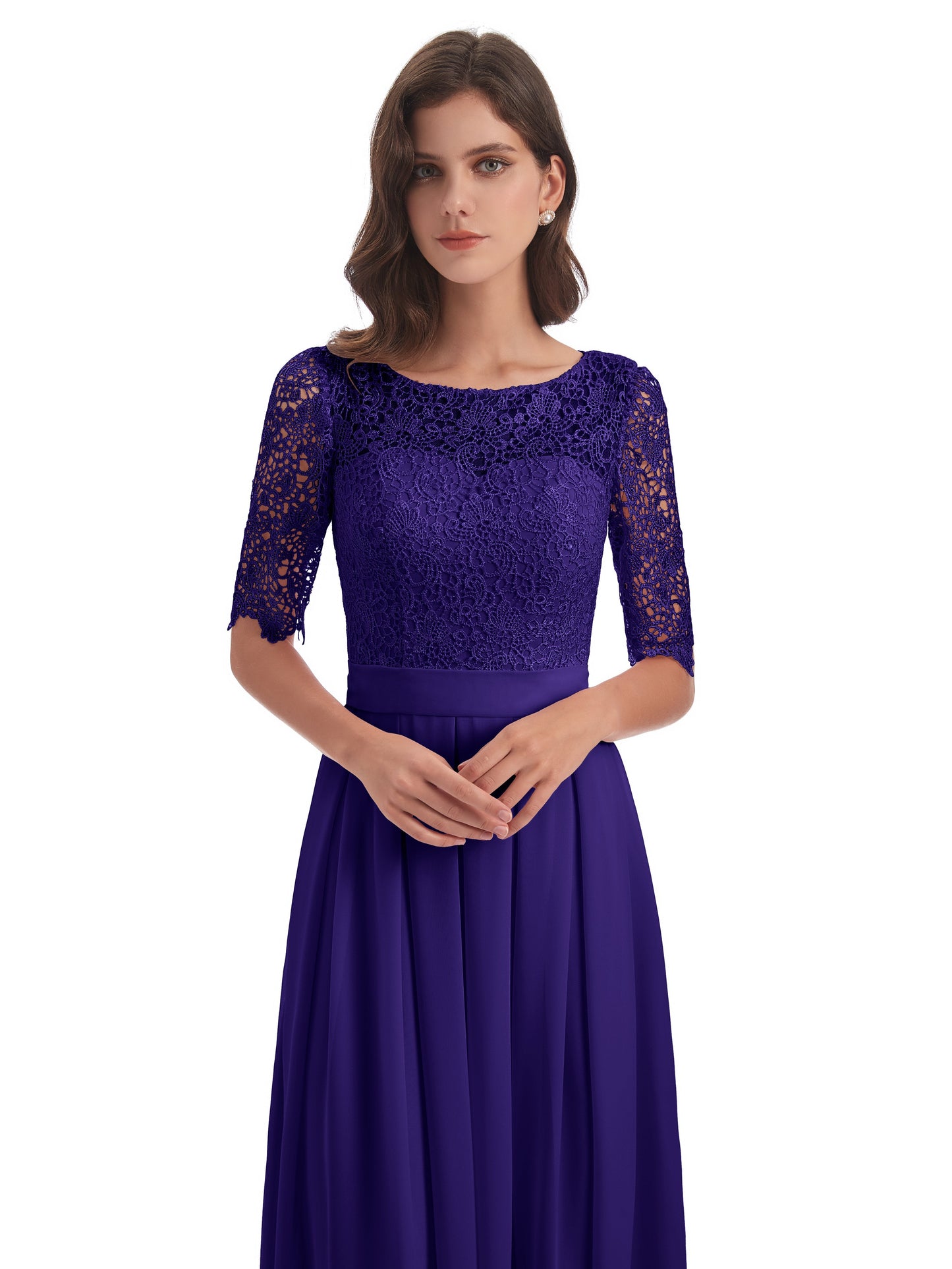 Brielle Illussion Neckline and Back Half Sleeves Scoop Lace Bridesmaid Dresses