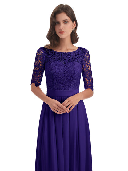 Brielle Illussion Neckline and Back Half Sleeves Scoop Lace Bridesmaid Dresses