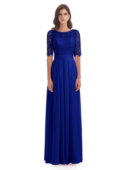 Brielle Illussion Neckline and Back Half Sleeves Scoop Lace Bridesmaid Dresses