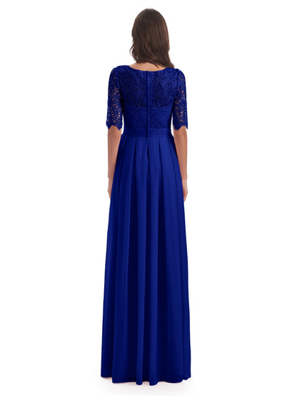 Brielle Illussion Neckline and Back Half Sleeves Scoop Lace Bridesmaid Dresses