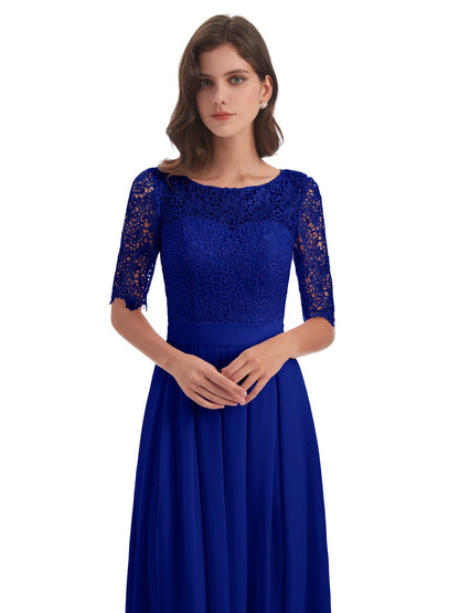 Brielle Illussion Neckline and Back Half Sleeves Scoop Lace Bridesmaid Dresses