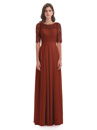Brielle Illussion Neckline and Back Half Sleeves Scoop Lace Bridesmaid Dresses