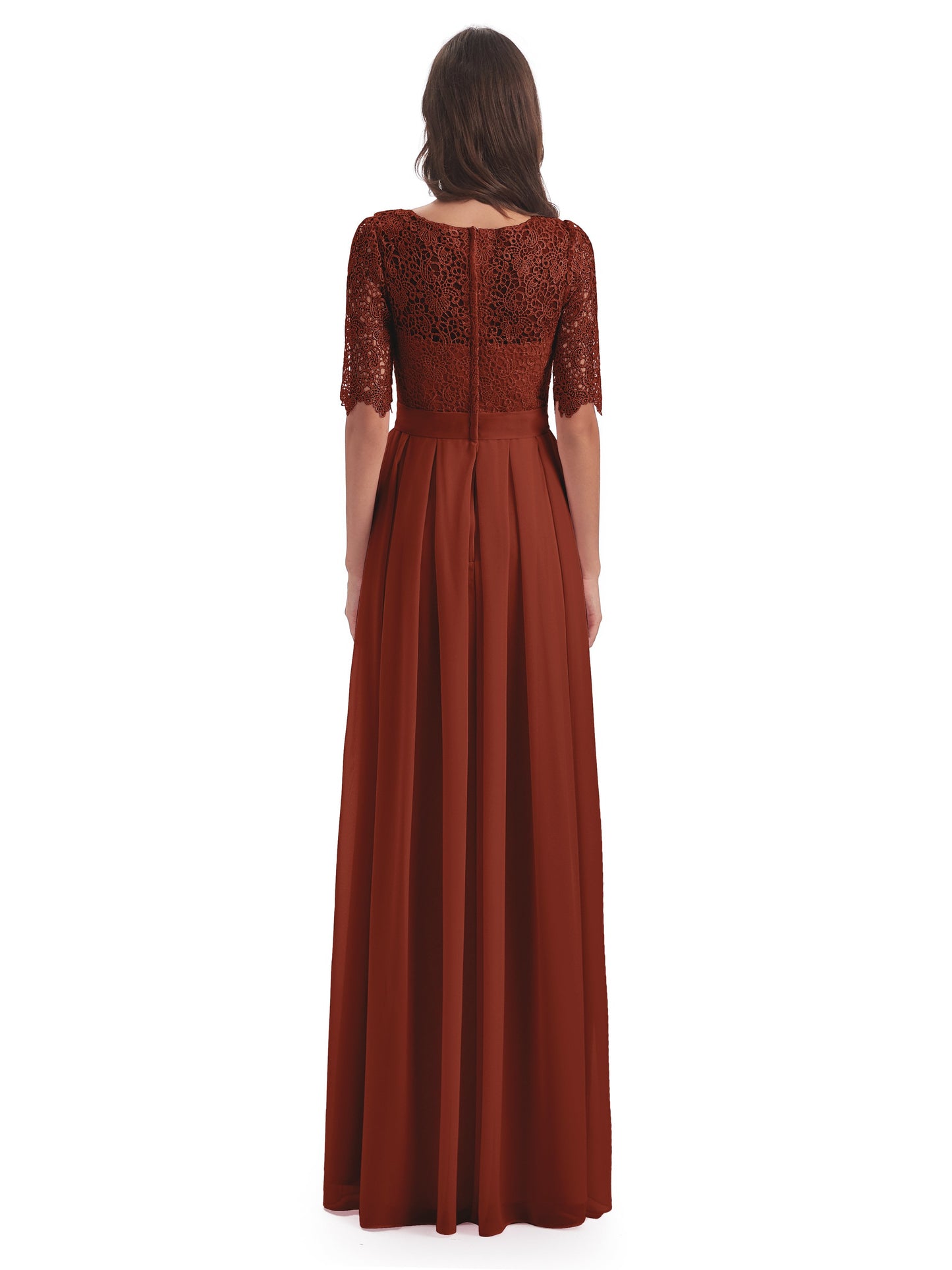 Brielle Illussion Neckline and Back Half Sleeves Scoop Lace Bridesmaid Dresses