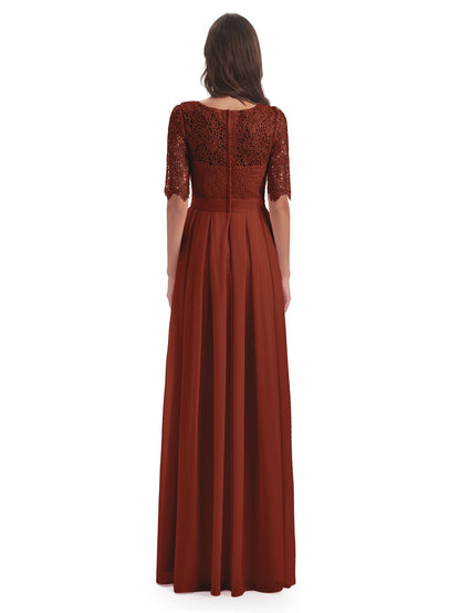 Brielle Illussion Neckline and Back Half Sleeves Scoop Lace Bridesmaid Dresses