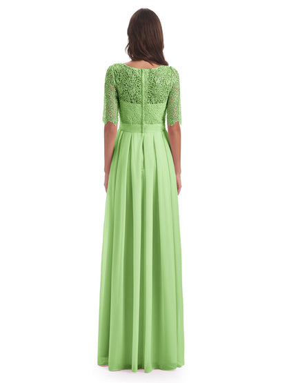 Brielle Illussion Neckline and Back Half Sleeves Scoop Lace Bridesmaid Dresses