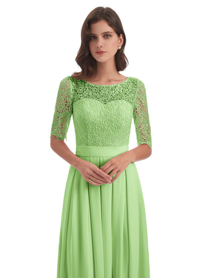 Brielle Illussion Neckline and Back Half Sleeves Scoop Lace Bridesmaid Dresses