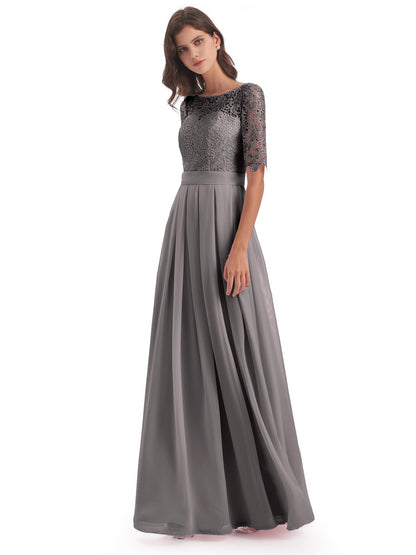 Brielle Illussion Neckline and Back Half Sleeves Scoop Lace Bridesmaid Dresses