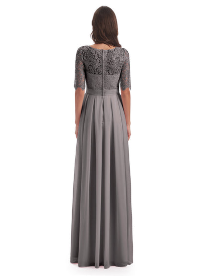 Brielle Illussion Neckline and Back Half Sleeves Scoop Lace Bridesmaid Dresses