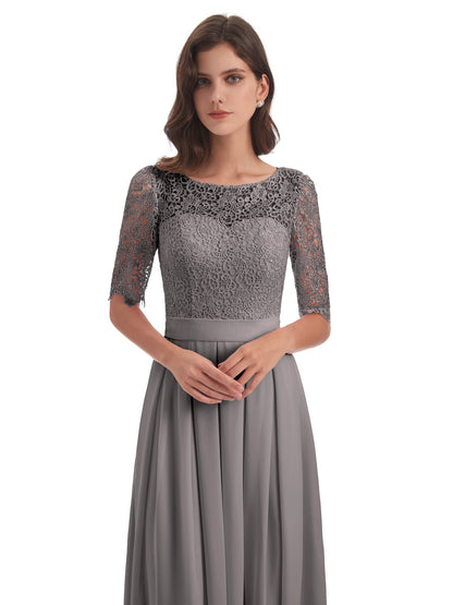 Brielle Illussion Neckline and Back Half Sleeves Scoop Lace Bridesmaid Dresses