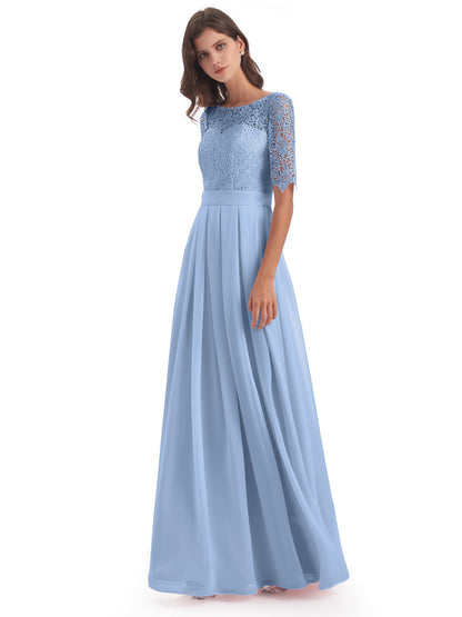 Brielle Illussion Neckline and Back Half Sleeves Scoop Lace Bridesmaid Dresses