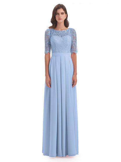 Brielle Illussion Neckline and Back Half Sleeves Scoop Lace Bridesmaid Dresses