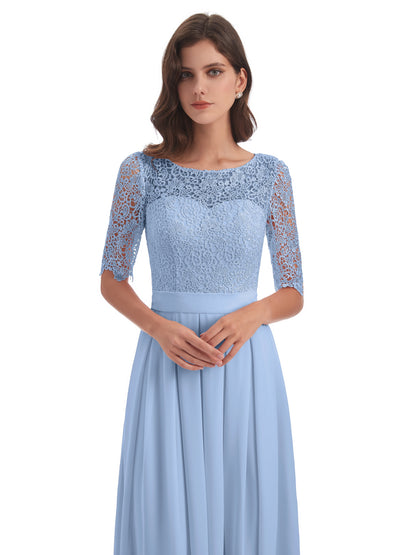 Brielle Illussion Neckline and Back Half Sleeves Scoop Lace Bridesmaid Dresses