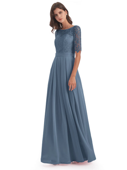 Brielle Illussion Neckline and Back Half Sleeves Scoop Lace Bridesmaid Dresses