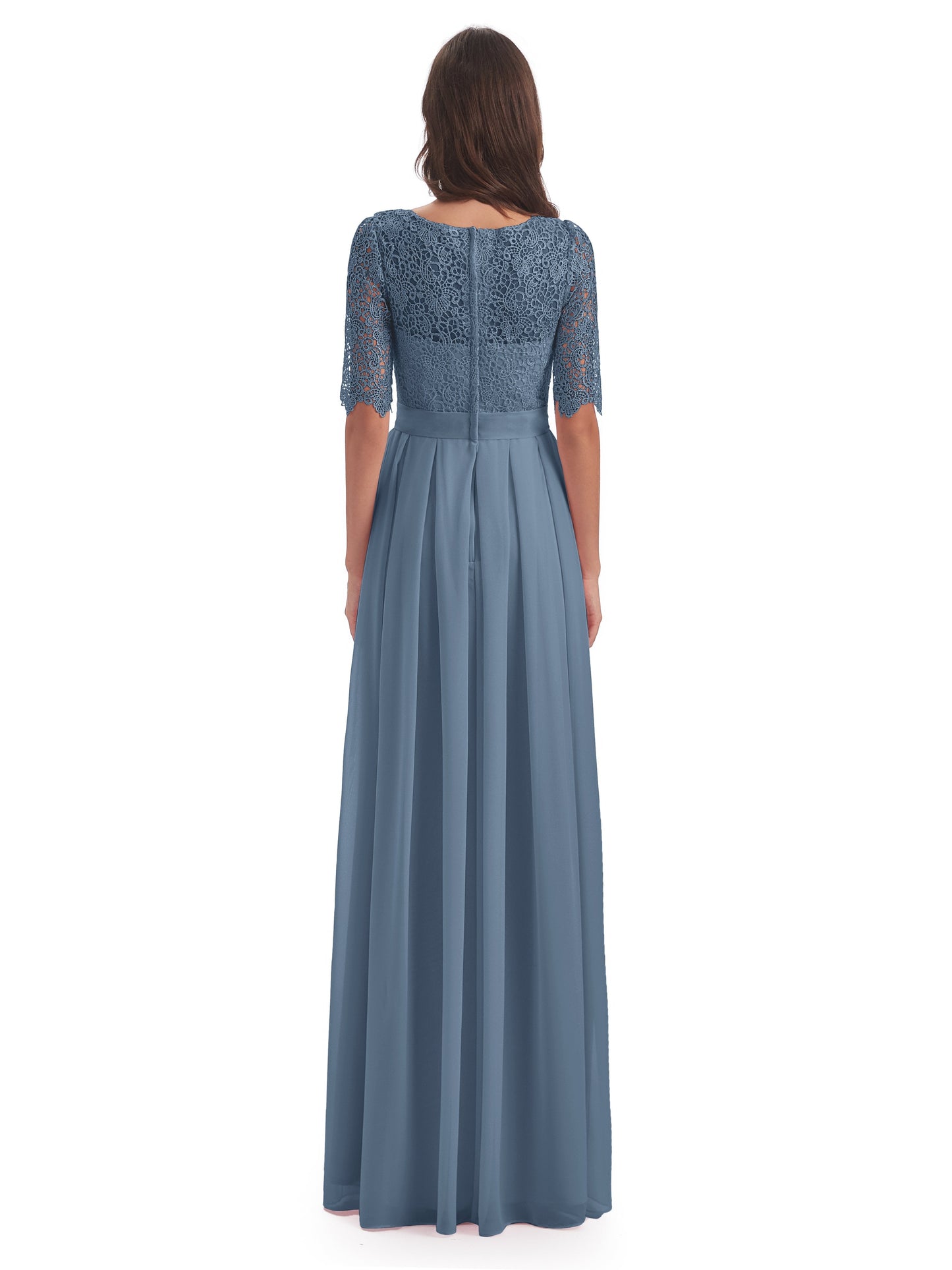 Brielle Illussion Neckline and Back Half Sleeves Scoop Lace Bridesmaid Dresses