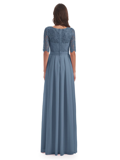 Brielle Illussion Neckline and Back Half Sleeves Scoop Lace Bridesmaid Dresses