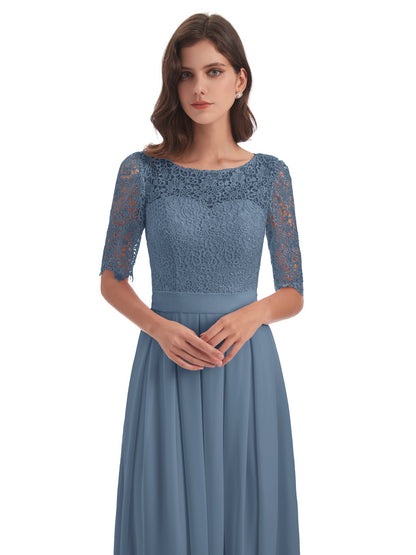 Brielle Illussion Neckline and Back Half Sleeves Scoop Lace Bridesmaid Dresses