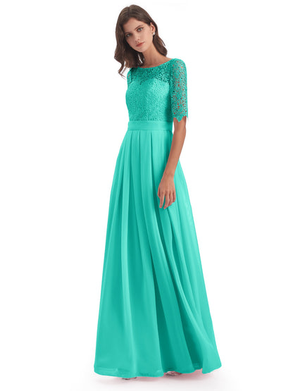 Brielle Illussion Neckline and Back Half Sleeves Scoop Lace Bridesmaid Dresses