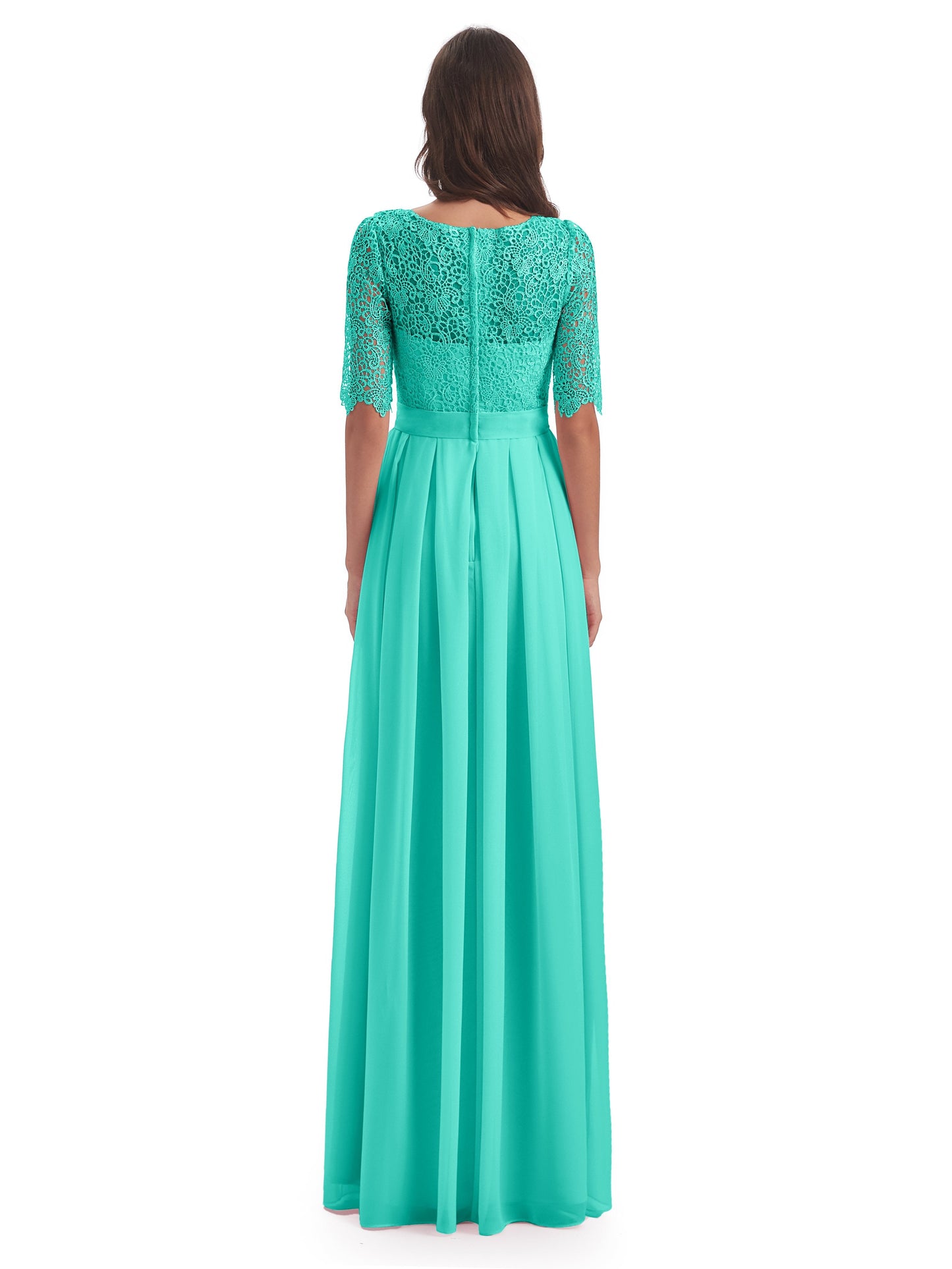 Brielle Illussion Neckline and Back Half Sleeves Scoop Lace Bridesmaid Dresses