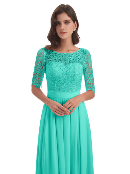 Brielle Illussion Neckline and Back Half Sleeves Scoop Lace Bridesmaid Dresses