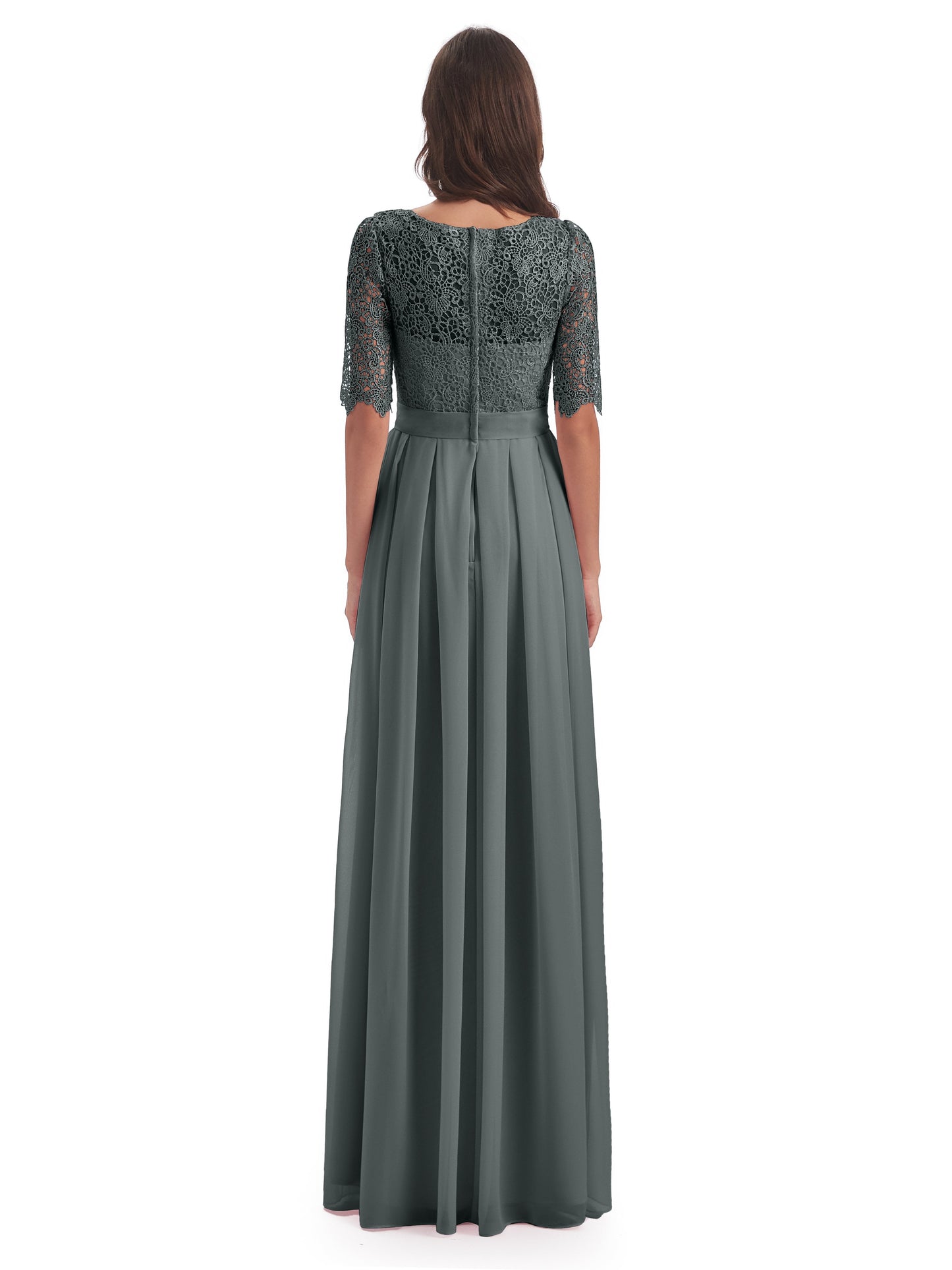 Brielle Illussion Neckline and Back Half Sleeves Scoop Lace Bridesmaid Dresses