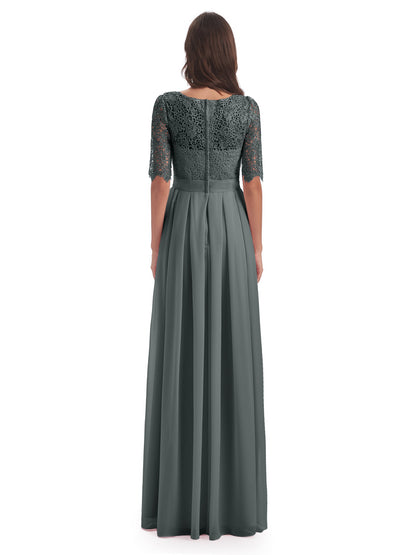 Brielle Illussion Neckline and Back Half Sleeves Scoop Lace Bridesmaid Dresses