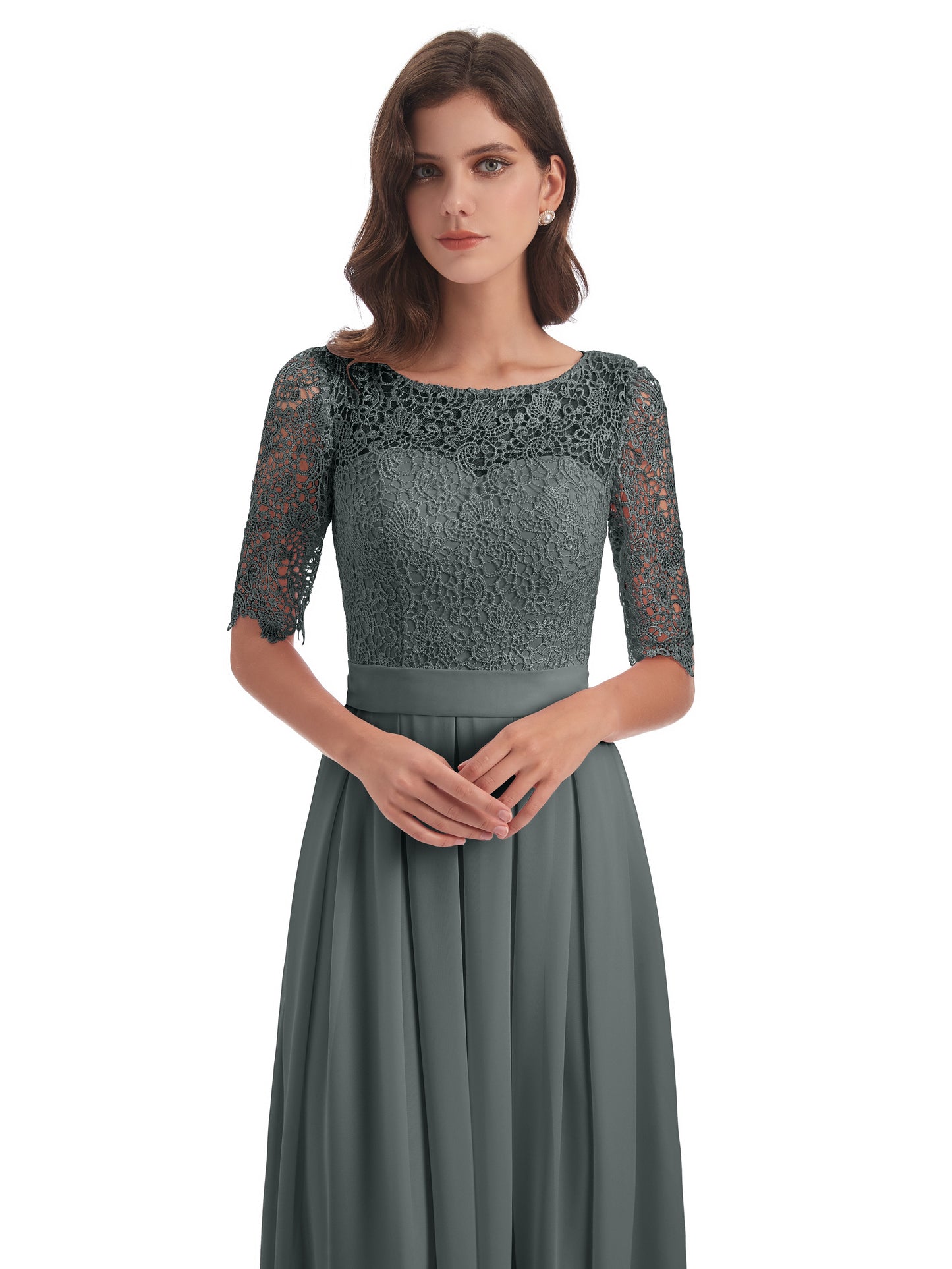 Brielle Illussion Neckline and Back Half Sleeves Scoop Lace Bridesmaid Dresses