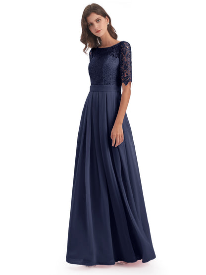 Brielle Illussion Neckline and Back Half Sleeves Scoop Lace Bridesmaid Dresses