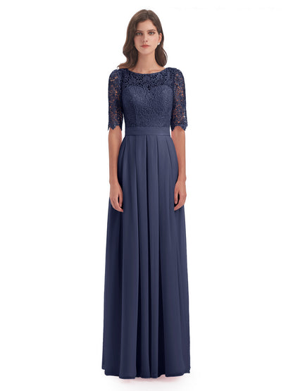 Brielle Illussion Neckline and Back Half Sleeves Scoop Lace Bridesmaid Dresses