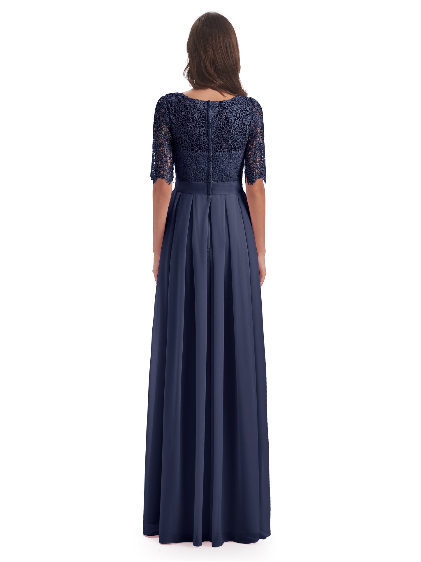 Brielle Illussion Neckline and Back Half Sleeves Scoop Lace Bridesmaid Dresses