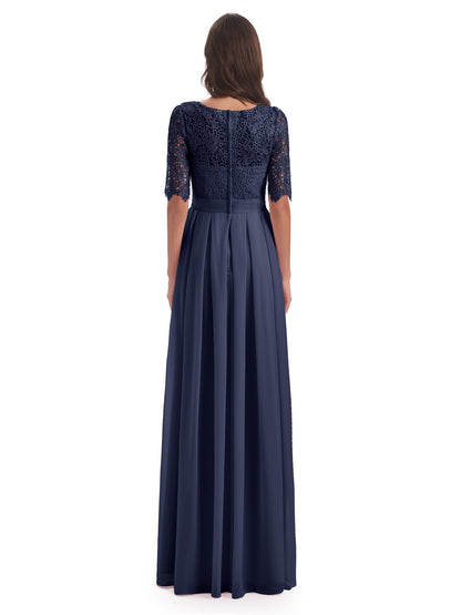 Brielle Illussion Neckline and Back Half Sleeves Scoop Lace Bridesmaid Dresses