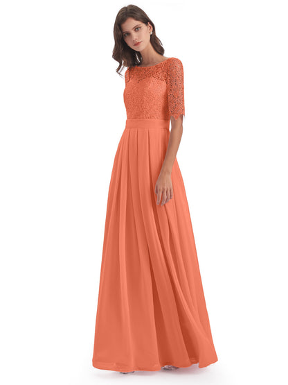 Brielle Illussion Neckline and Back Half Sleeves Scoop Lace Bridesmaid Dresses