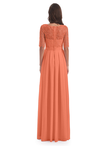 Brielle Illussion Neckline and Back Half Sleeves Scoop Lace Bridesmaid Dresses