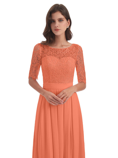 Brielle Illussion Neckline and Back Half Sleeves Scoop Lace Bridesmaid Dresses