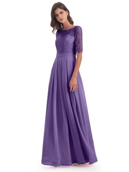 Brielle Illussion Neckline and Back Half Sleeves Scoop Lace Bridesmaid Dresses
