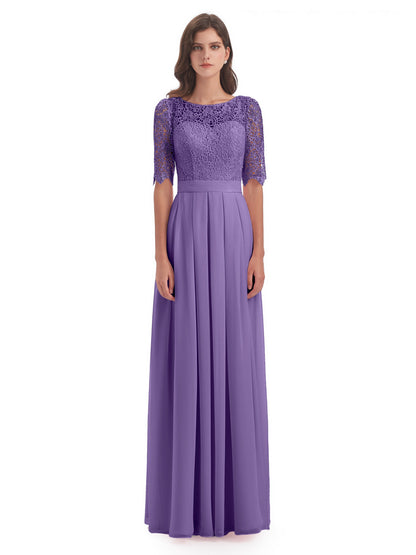 Brielle Illussion Neckline and Back Half Sleeves Scoop Lace Bridesmaid Dresses