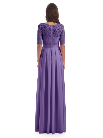 Brielle Illussion Neckline and Back Half Sleeves Scoop Lace Bridesmaid Dresses