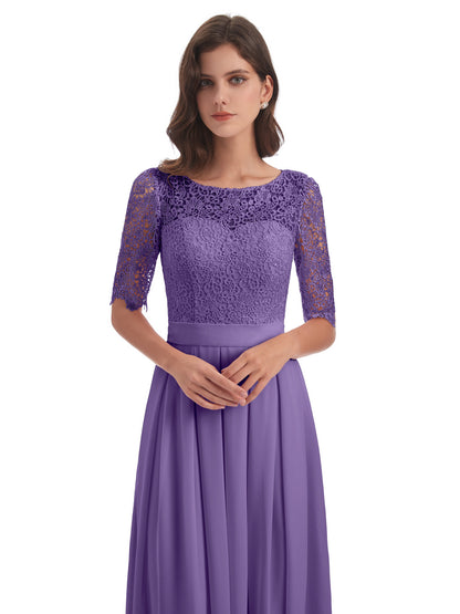 Brielle Illussion Neckline and Back Half Sleeves Scoop Lace Bridesmaid Dresses
