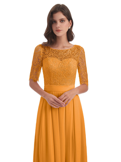 Brielle Illussion Neckline and Back Half Sleeves Scoop Lace Bridesmaid Dresses