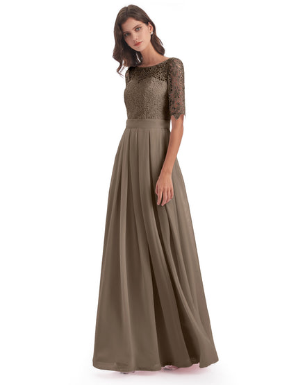 Brielle Illussion Neckline and Back Half Sleeves Scoop Lace Bridesmaid Dresses