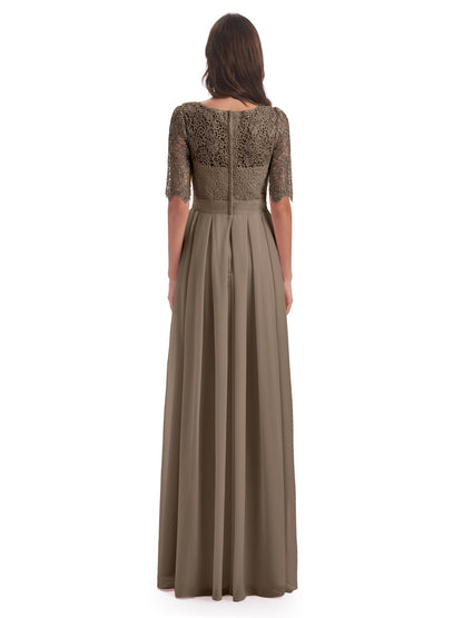 Brielle Illussion Neckline and Back Half Sleeves Scoop Lace Bridesmaid Dresses