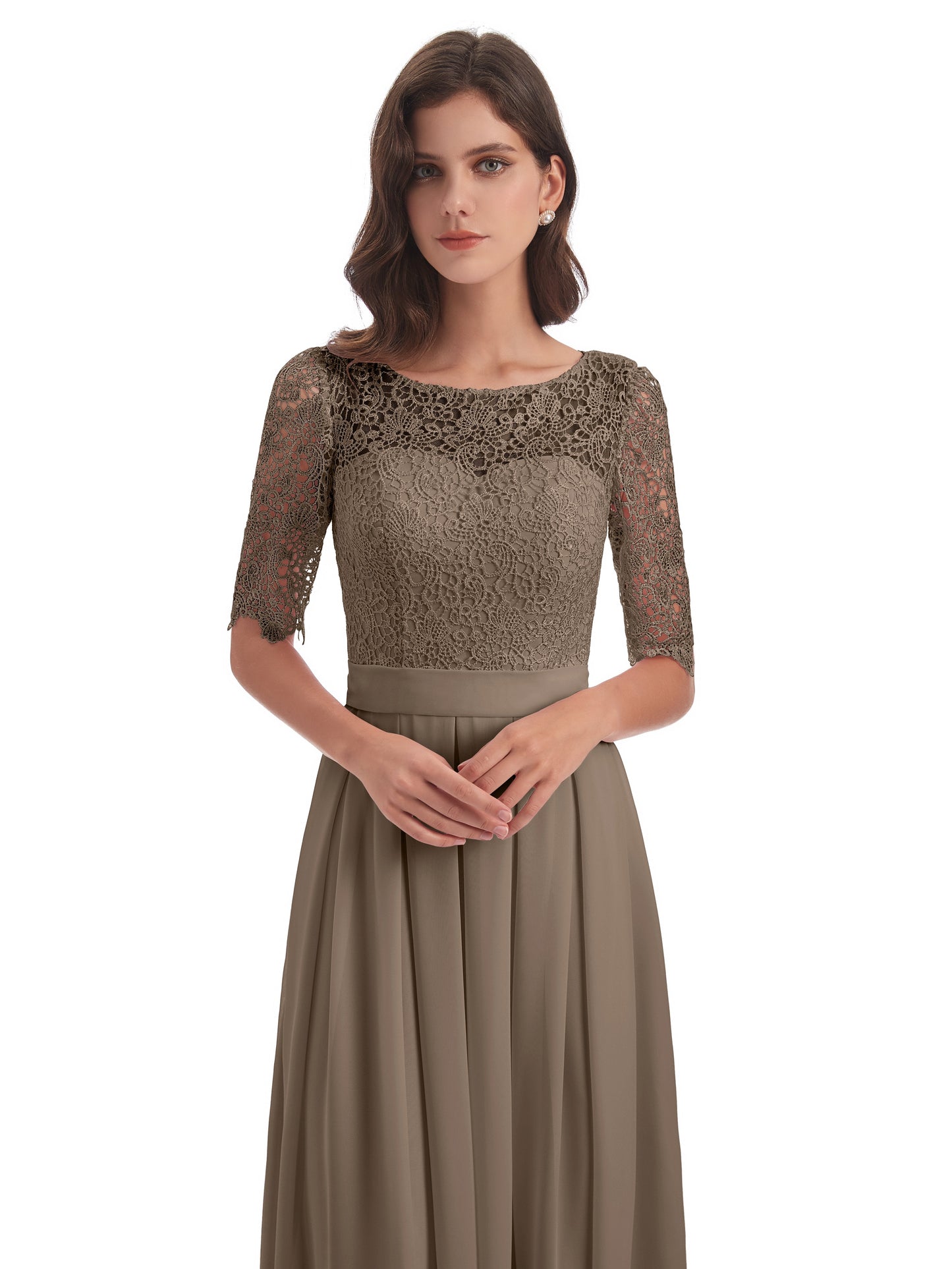 Brielle Illussion Neckline and Back Half Sleeves Scoop Lace Bridesmaid Dresses