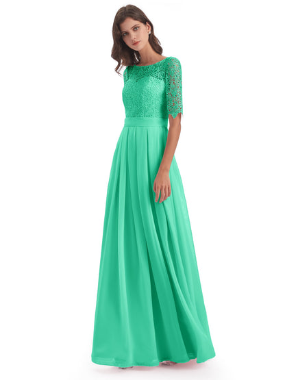 Brielle Illussion Neckline and Back Half Sleeves Scoop Lace Bridesmaid Dresses